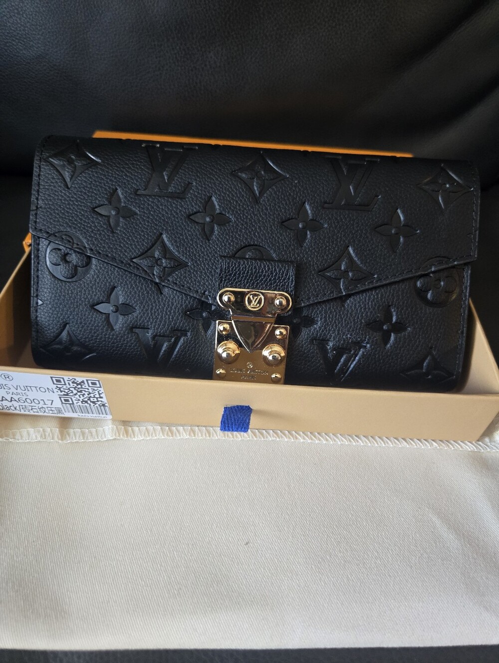 Black Monogram Embossed Leather Wallet with Gold Hardware